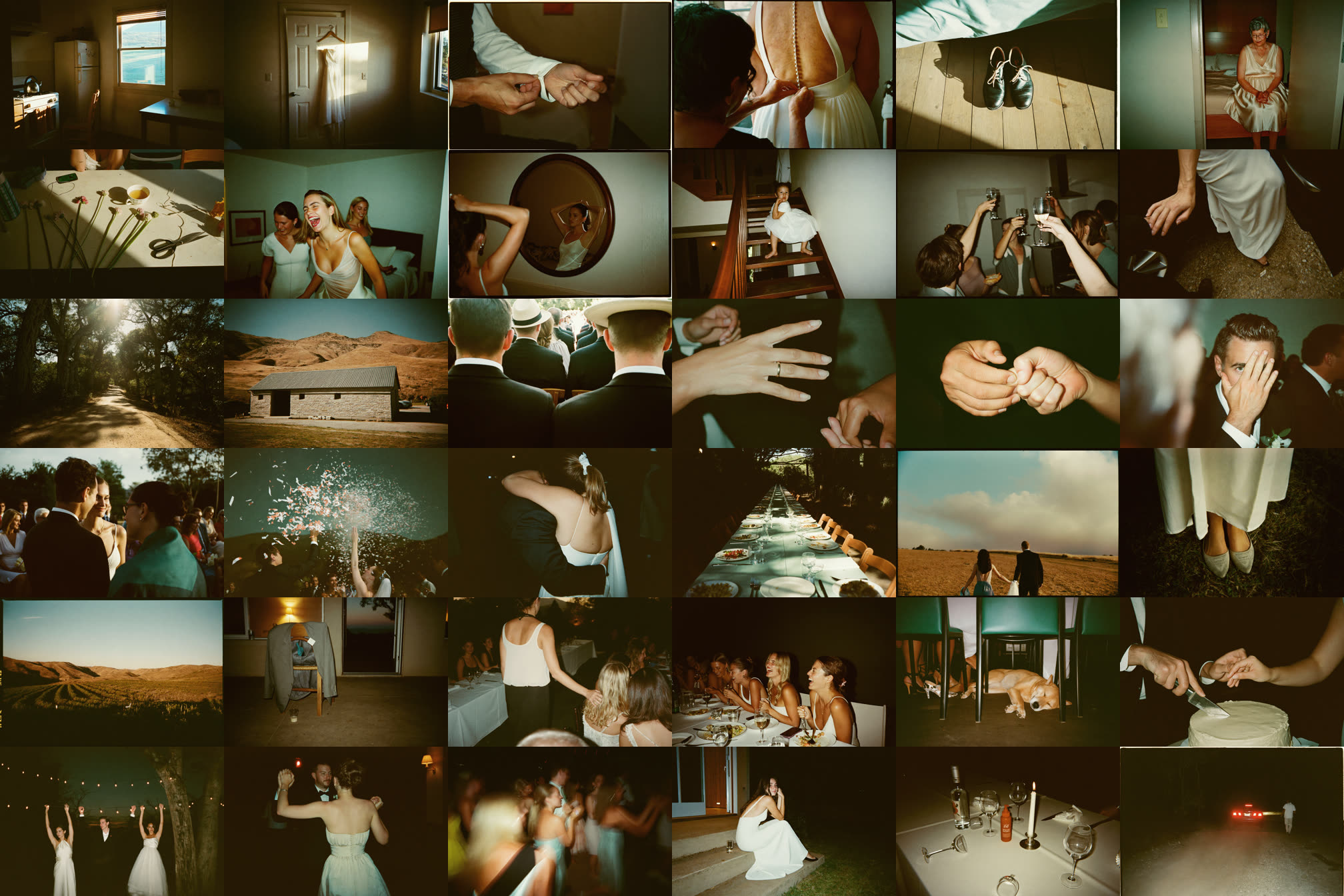 A contact sheet of thirty six frames from one wedding, shot on 35mm.